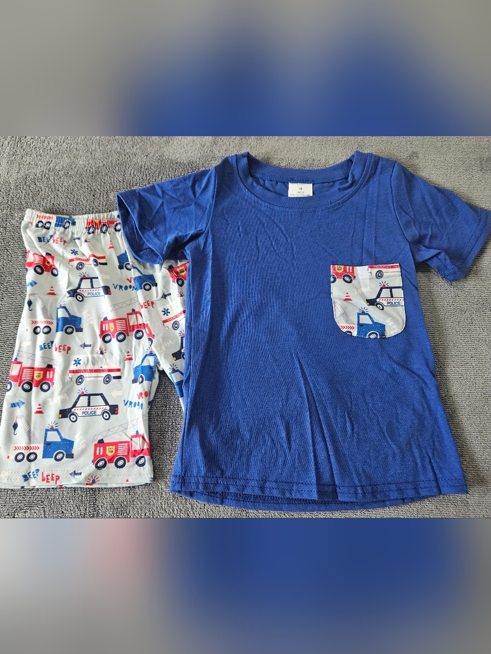 Blue Kids Short Set with Firetruck Pocket